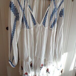 NWOT Free People Babydoll Tiered V-Neck Dress S/P Tassel Ties Raglan Puffy Sleev
